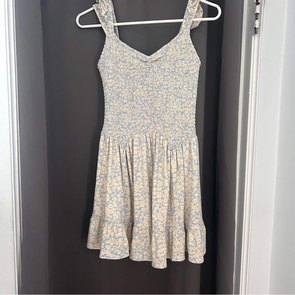 Urban Outfitters Blue and Cream Floral Smocked Mini Dress